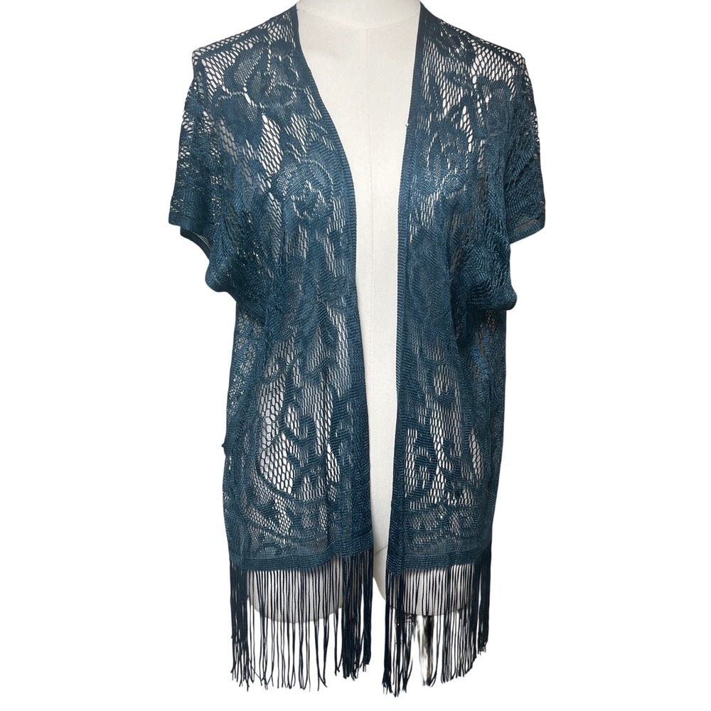 Boho Floral Lace Fringe Kimono Teal Blue Open Front Sheer Cardigan One Size